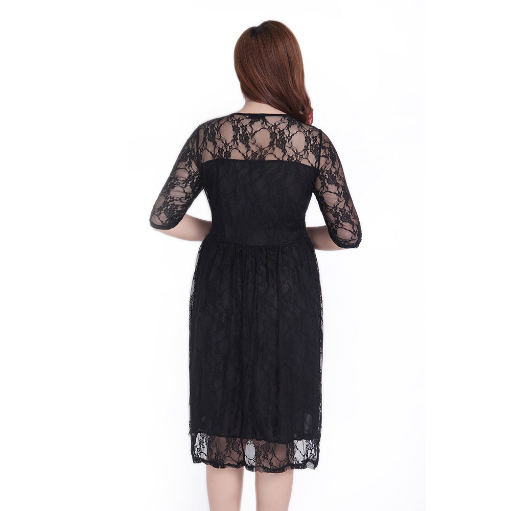 Women's lace dress with elegant round neckline and flared skirt Lisslune