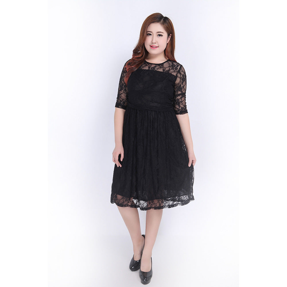 Women's lace dress with elegant round neckline and flared skirt Lisslune