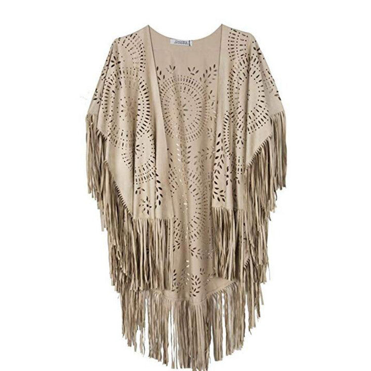 Women's fringed, lightweight kimono made of synthetic leather with cut-out pattern