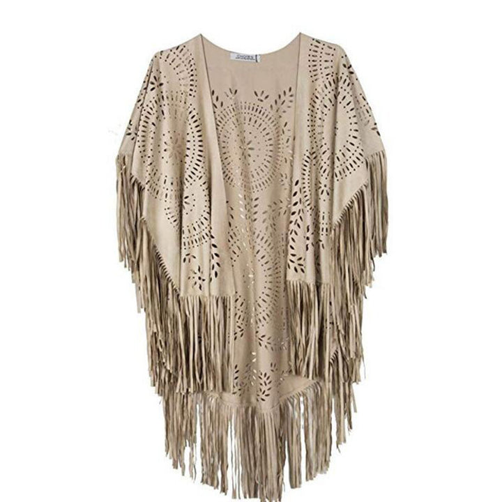 Women's fringed, lightweight kimono made of synthetic leather with cut-out pattern