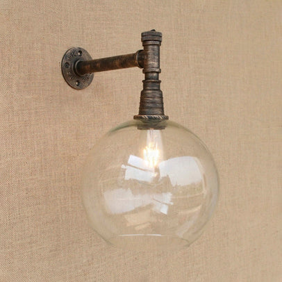 Lisslune | Iron bronze wall lamp fixture pipe 1 head antique style wall mount light with global glass shade, 8"/12" wide