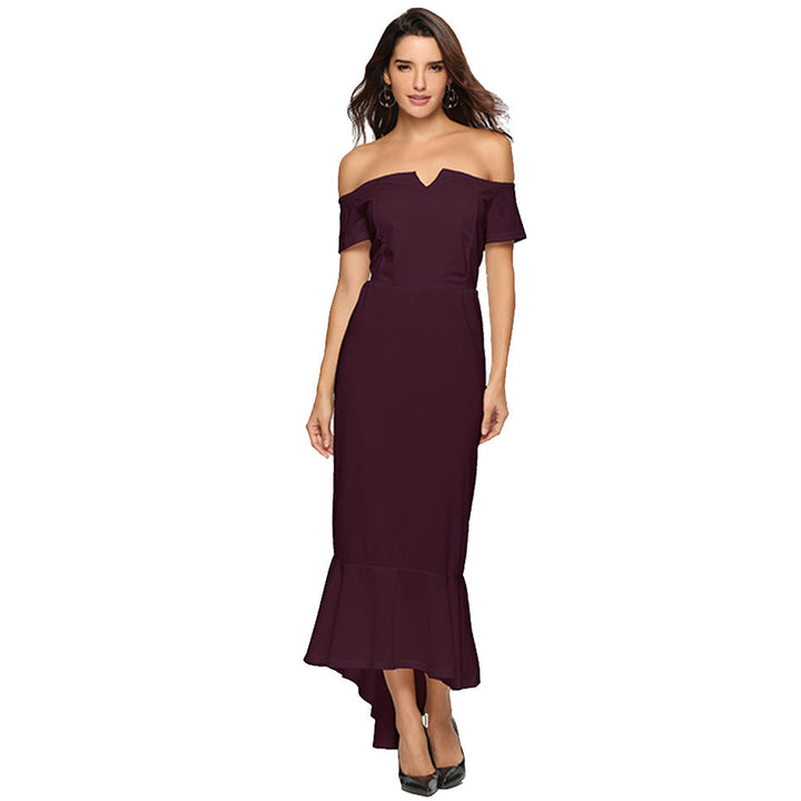 Women's Off-Shoulder Evening Dress with Elegant V-Neckline and Flowing Hem