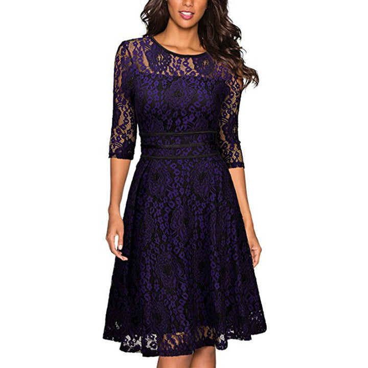 Ladies lace dress with elegant waist lacing and flared skirt