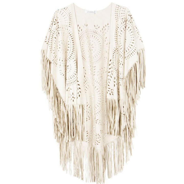 Women's fringed, lightweight kimono made of synthetic leather with cut-out pattern