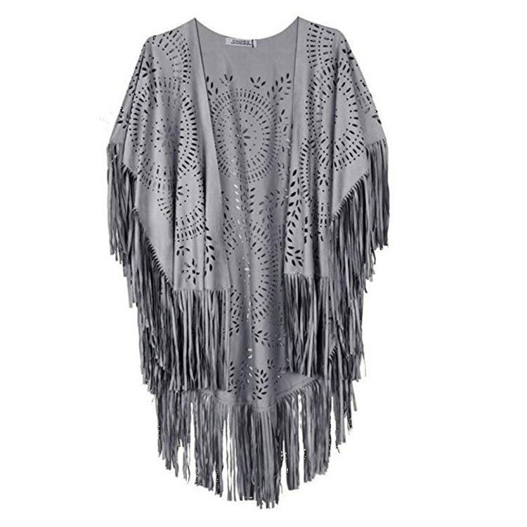 Women's fringed, lightweight kimono made of synthetic leather with cut-out pattern