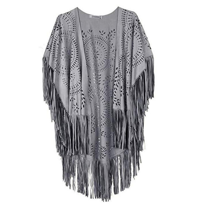 Women's fringed, lightweight kimono made of synthetic leather with cut-out pattern