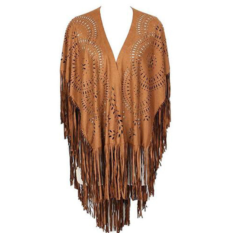 Women's fringed, lightweight kimono made of synthetic leather with cut-out pattern