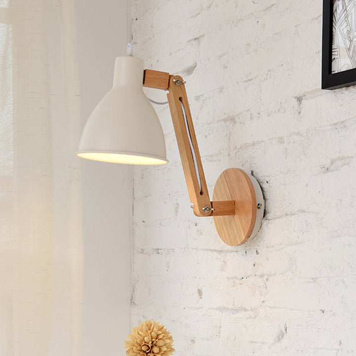 Lisslune | Iron Dome Wall Mounted Lamp Modern 1 Head White/Black Finish Wall Light with Wooden Swivel Arm