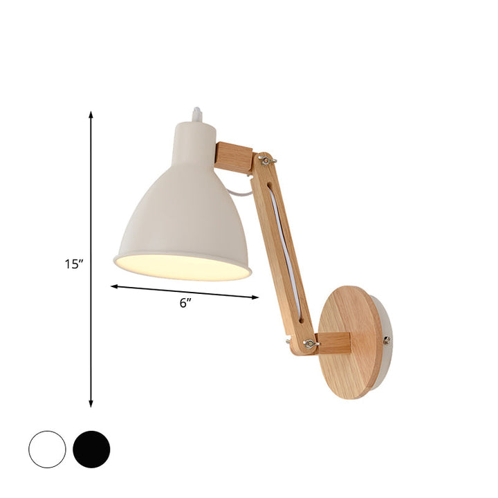 Lisslune | Iron Dome Wall Mounted Lamp Modern 1 Head White/Black Finish Wall Light with Wooden Swivel Arm