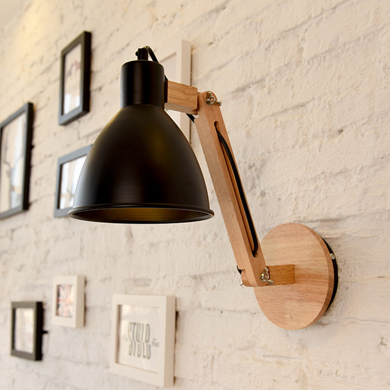 Lisslune | Iron Dome Wall Mounted Lamp Modern 1 Head White/Black Finish Wall Light with Wooden Swivel Arm