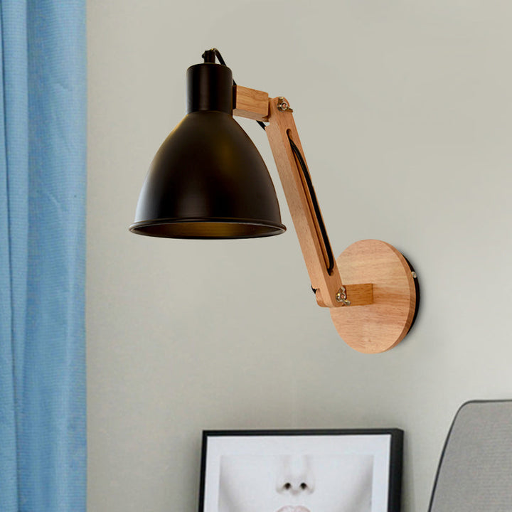 Lisslune | Iron Dome Wall Mounted Lamp Modern 1 Head White/Black Finish Wall Light with Wooden Swivel Arm