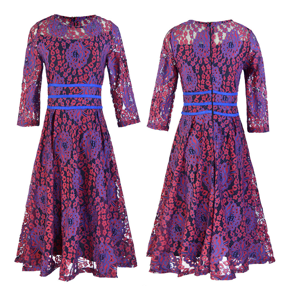 Ladies lace dress with elegant waist lacing and flared skirt