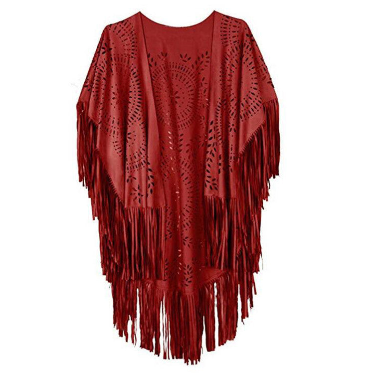 Women's fringed, lightweight kimono made of synthetic leather with cut-out pattern