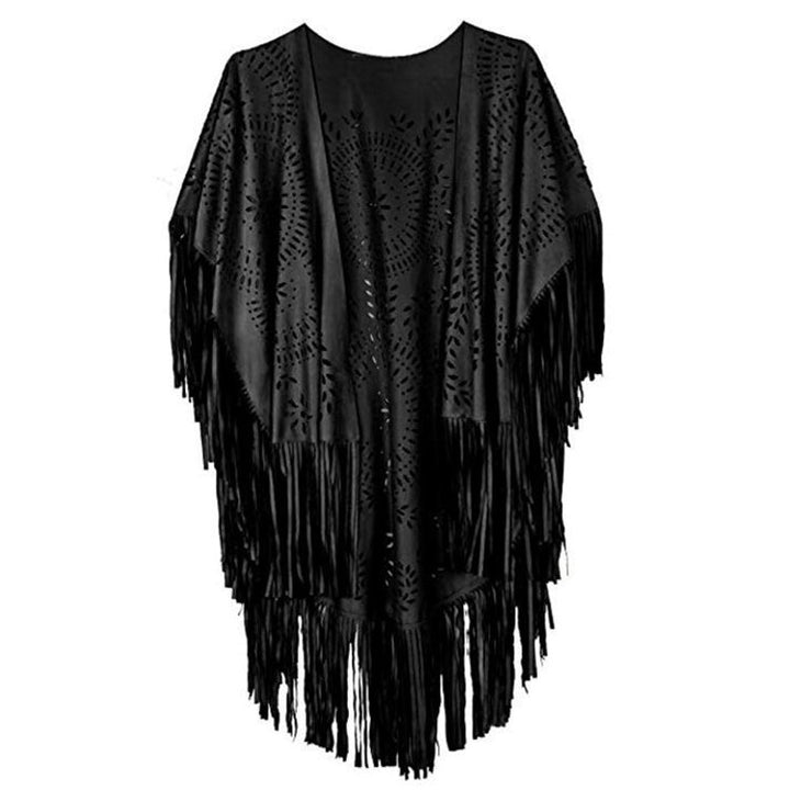 Women's fringed, lightweight kimono made of synthetic leather with cut-out pattern