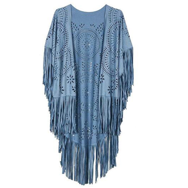 Women's fringed, lightweight kimono made of synthetic leather with cut-out pattern