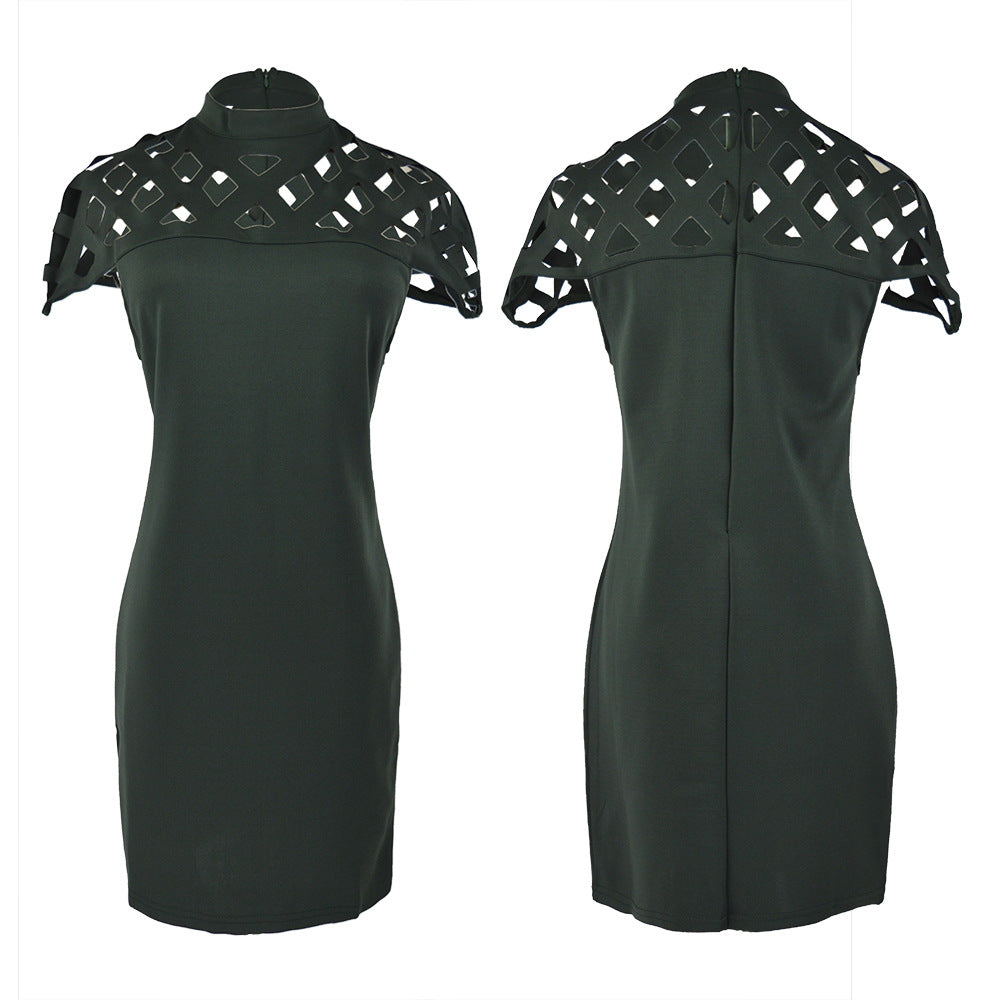 Ladies Figure-Hugging Mini Dress with Artistic Cut-Out Design and High Collar Lisslune