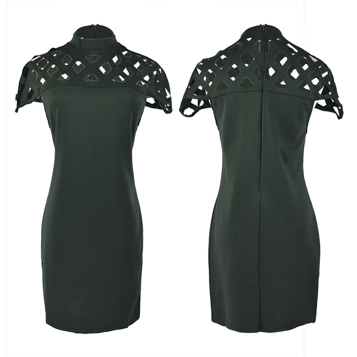 Ladies Figure-Hugging Mini Dress with Artistic Cut-Out Design and High Collar Lisslune