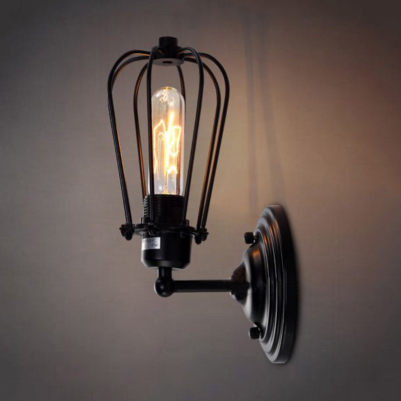 Lisslune | 1 Light Mini Wall Lamp Wall Bracket with Wire Frame Industrial Black Iron Wall Mount Lamp for Hallway