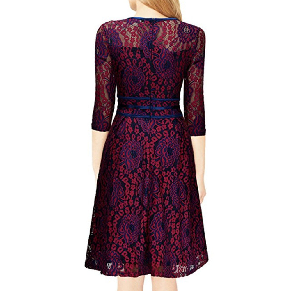 Ladies lace dress with elegant waist lacing and flared skirt