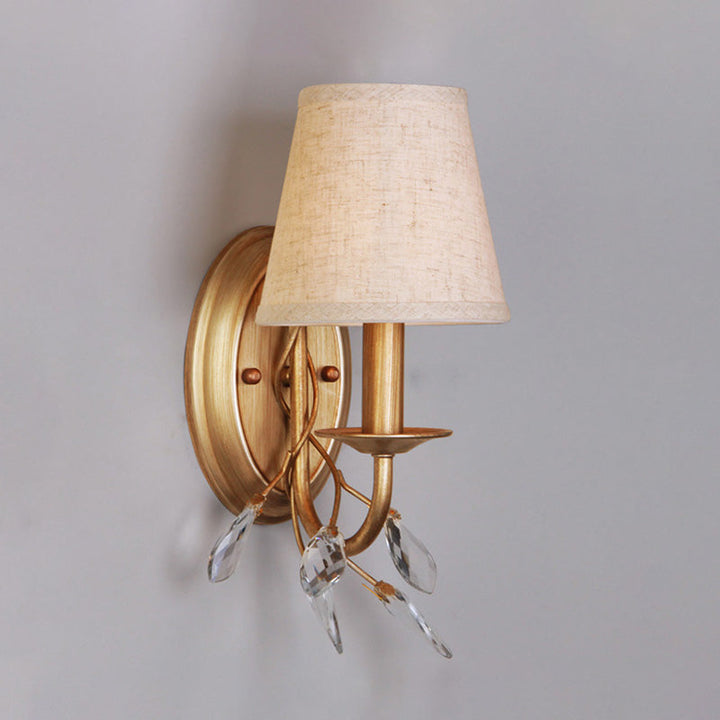 Skørter | 1-Light Barrel Wall Mount Lighting Country Style Gold Finish Fabric Wall Lamp with Branch Crystal Decor