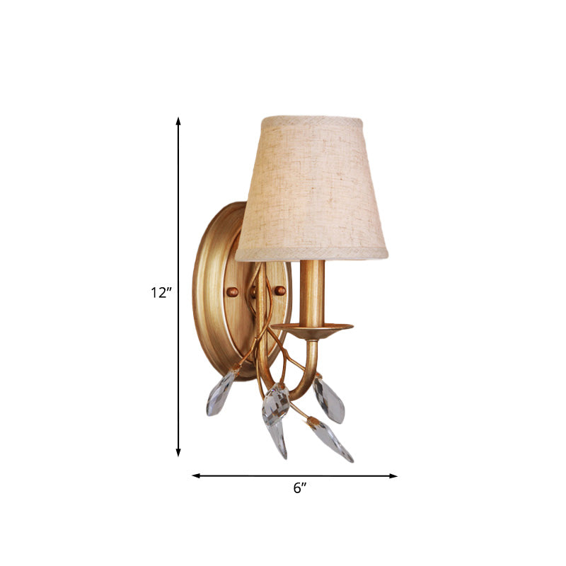 Skørter | 1-Light Barrel Wall Mount Lighting Country Style Gold Finish Fabric Wall Lamp with Branch Crystal Decor
