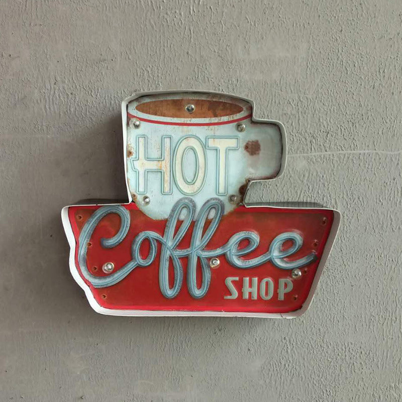 Skørter | Retro LED Wall-Mounted Light Red Coffee Cup/White Milk Bottle Sign Night Lamp with Iron Shade for Business