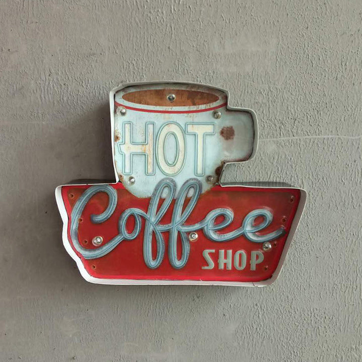 Skørter | Retro LED Wall-Mounted Light Red Coffee Cup/White Milk Bottle Sign Night Lamp with Iron Shade for Business