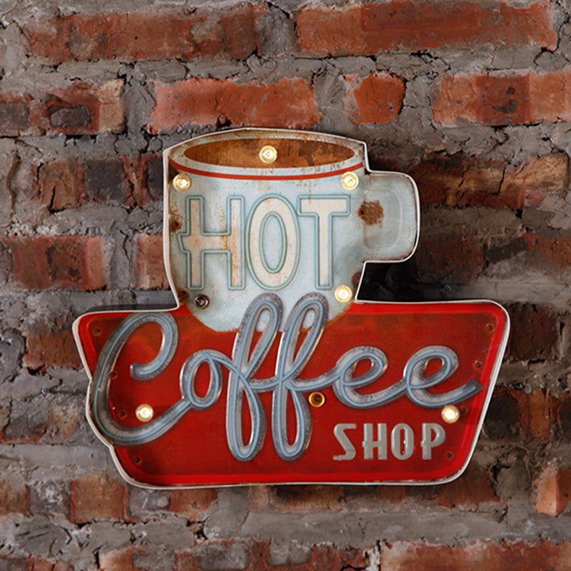 Skørter | Retro LED Wall-Mounted Light Red Coffee Cup/White Milk Bottle Sign Night Lamp with Iron Shade for Business