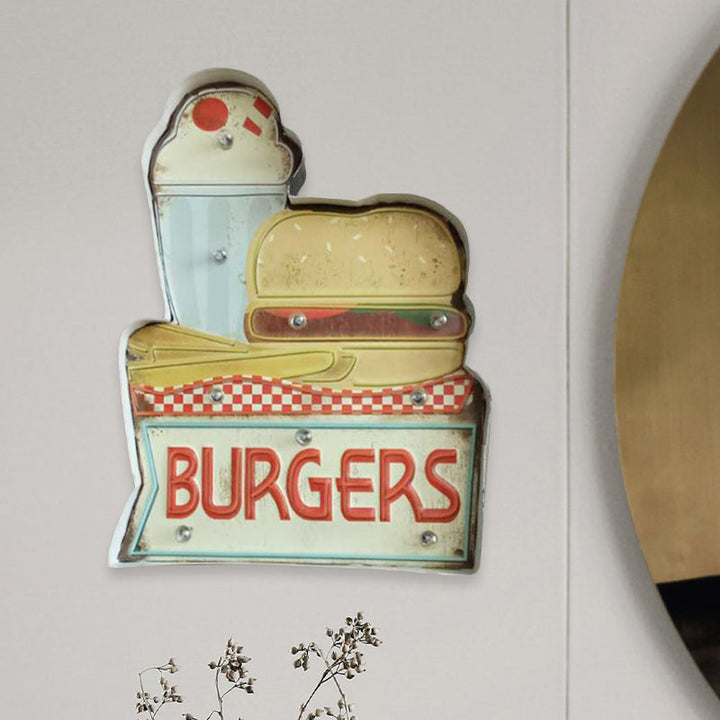 Skørter | Retro Burger/Drinks Sign Iron Night Lamp LED Wall Mount Lighting in Blue and Yellow/White for Cinema Bar