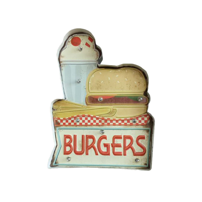 Skørter | Retro Burger/Drinks Sign Iron Night Lamp LED Wall Mount Lighting in Blue and Yellow/White for Cinema Bar