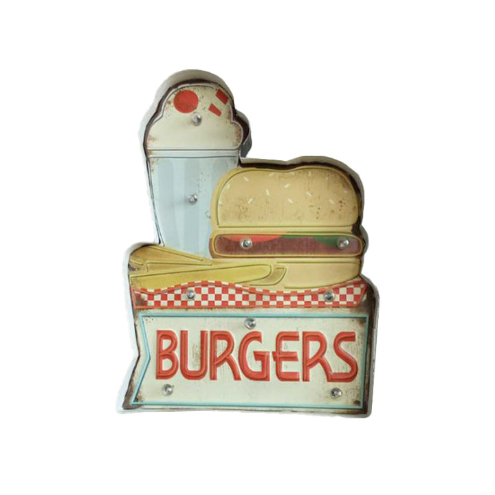 Skørter | Retro Burger/Drinks Sign Iron Night Lamp LED Wall Mount Lighting in Blue and Yellow/White for Cinema Bar