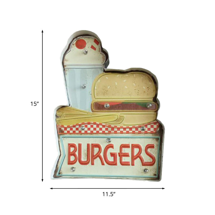 Skørter | Retro Burger/Drinks Sign Iron Night Lamp LED Wall Mount Lighting in Blue and Yellow/White for Cinema Bar