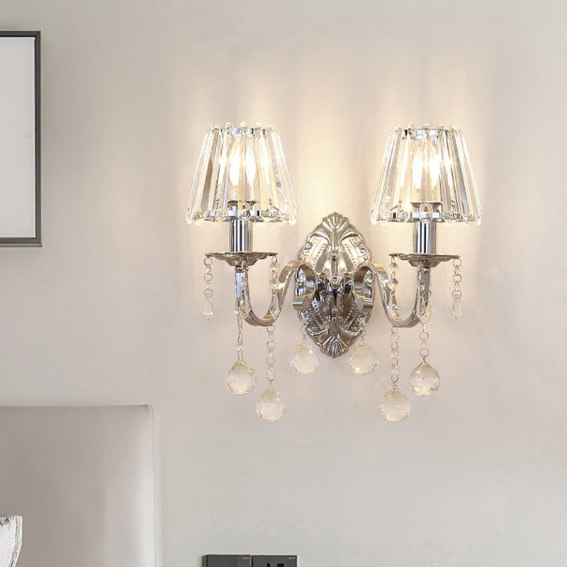 Skørter | Crystal Cone Wall Light Kit Contemporary 1/2-Light Living Room Wall Light Lighting Fixture in Chrome with Drops