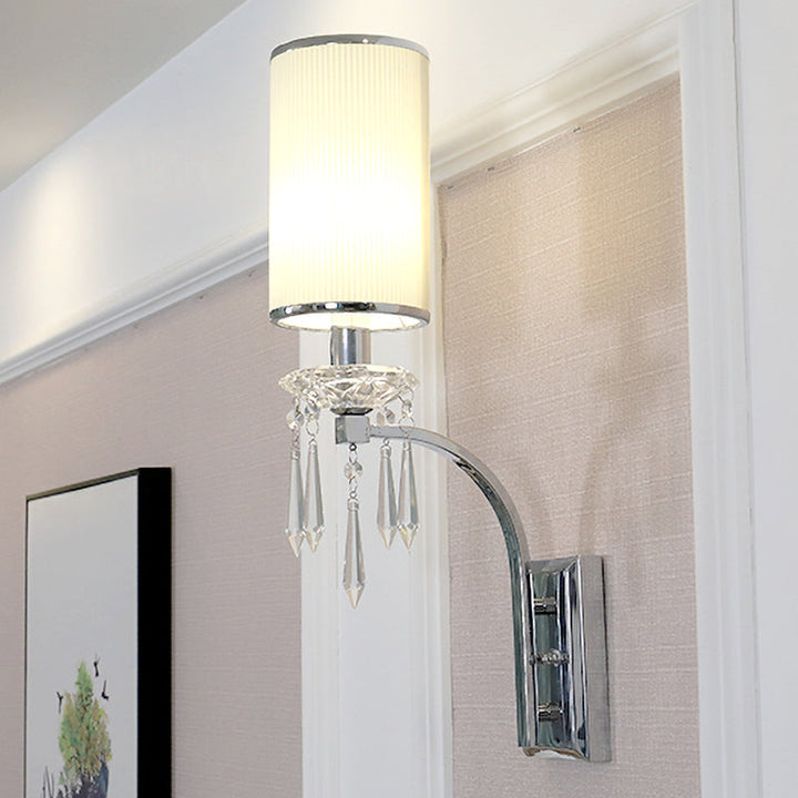 Lisslune | Simple column wall lamp 1 bulb ribbed fabric wall light in chrome for the living room