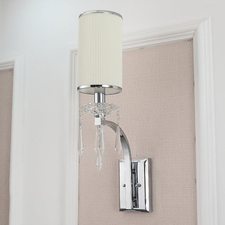 Lisslune | Simple column wall lamp 1 bulb ribbed fabric wall light in chrome for the living room