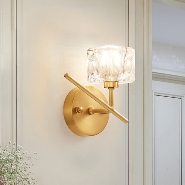 Lisslune | Brass Drum Shade Wall Mounted Lighting Modern 1 Light Clear Crystal Wall Lamp for Bedroom