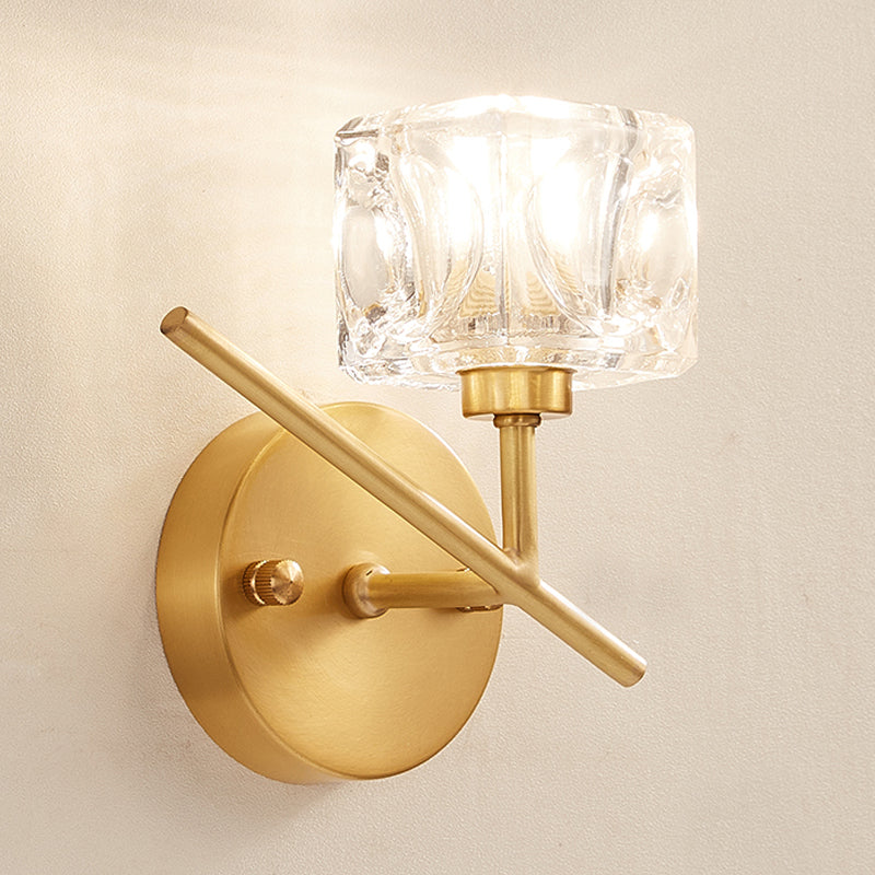 Lisslune | Brass Drum Shade Wall Mounted Lighting Modern 1 Light Clear Crystal Wall Lamp for Bedroom