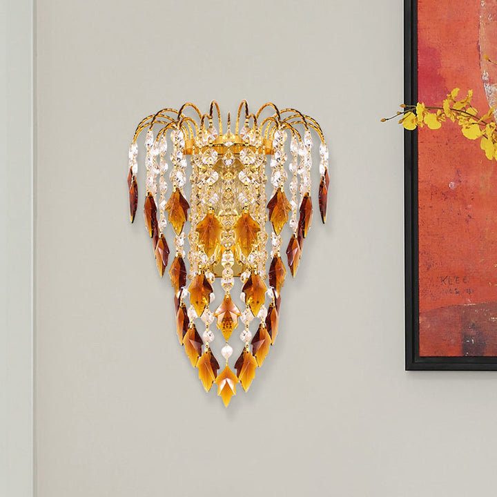 Lisslune | Modern 2-light Wall Lighting Brass Finish Curved Wall-Mounted Lamp with Tan/Blue Crystal Lampshade