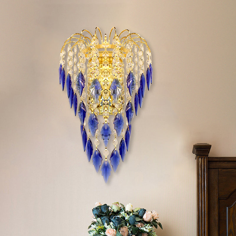 Lisslune | Modern 2-light Wall Lighting Brass Finish Curved Wall-Mounted Lamp with Tan/Blue Crystal Lampshade