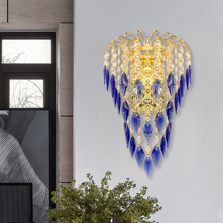 Lisslune | Modern 2-light Wall Lighting Brass Finish Curved Wall-Mounted Lamp with Tan/Blue Crystal Lampshade