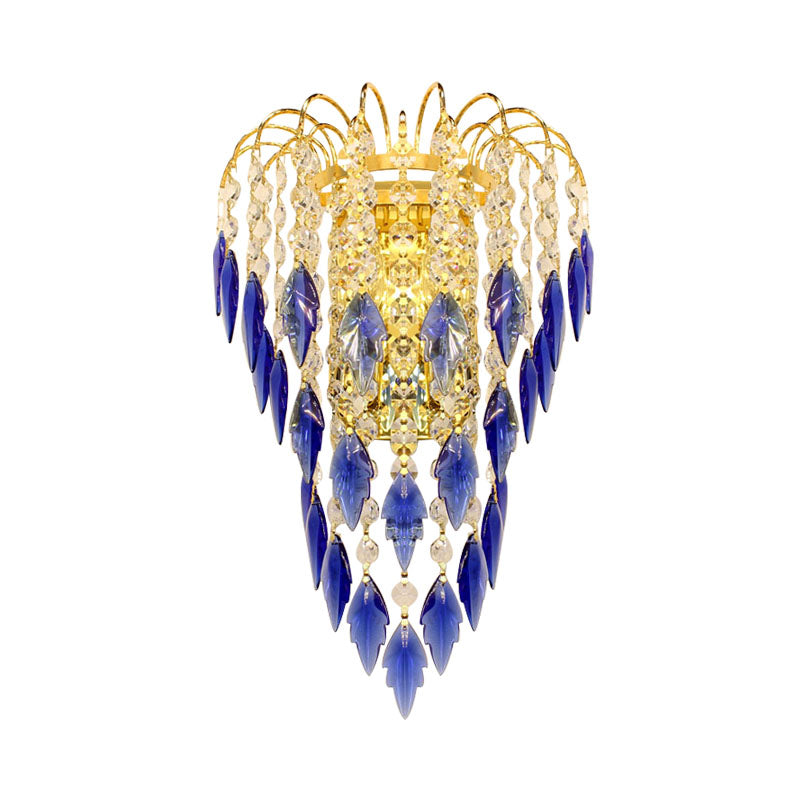 Lisslune | Modern 2-light Wall Lighting Brass Finish Curved Wall-Mounted Lamp with Tan/Blue Crystal Lampshade