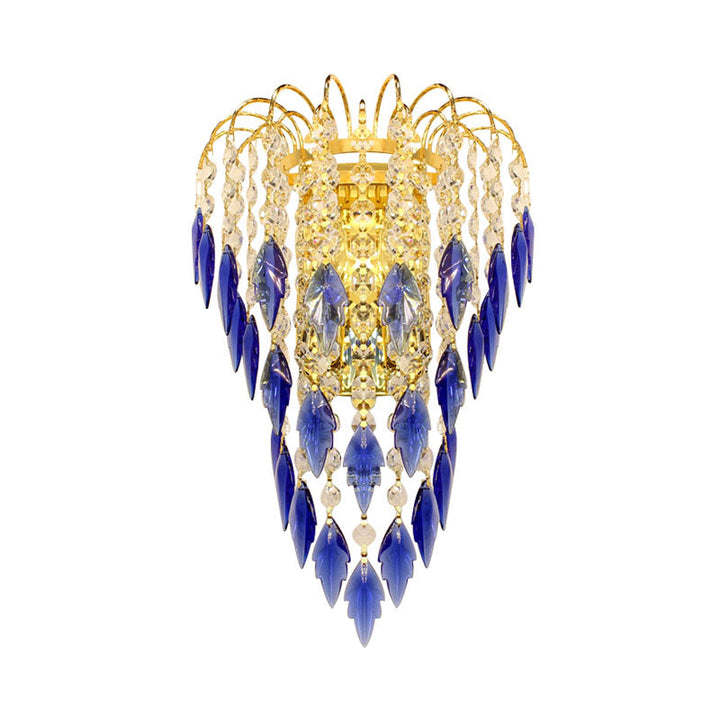 Lisslune | Modern 2-light Wall Lighting Brass Finish Curved Wall-Mounted Lamp with Tan/Blue Crystal Lampshade
