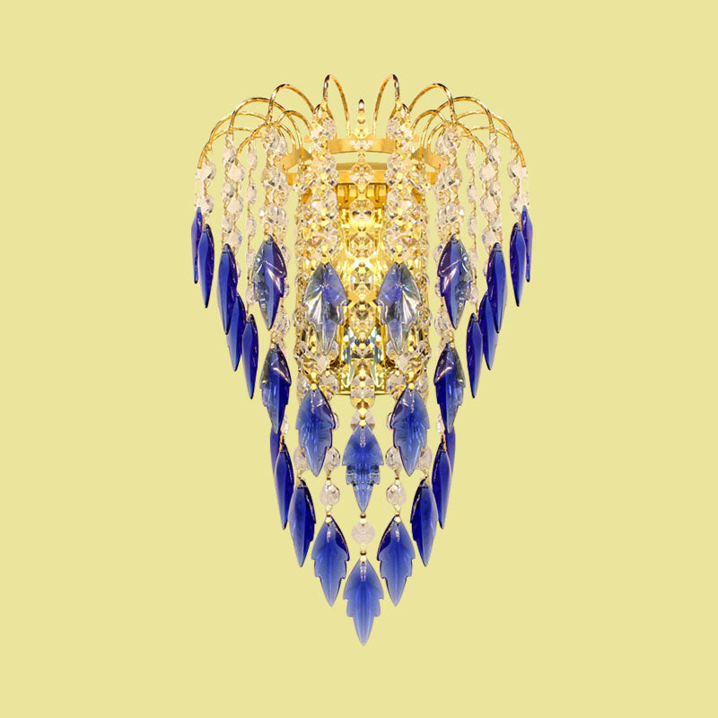 Lisslune | Modern 2-light Wall Lighting Brass Finish Curved Wall-Mounted Lamp with Tan/Blue Crystal Lampshade