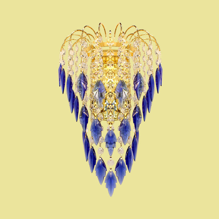 Lisslune | Modern 2-light Wall Lighting Brass Finish Curved Wall-Mounted Lamp with Tan/Blue Crystal Lampshade