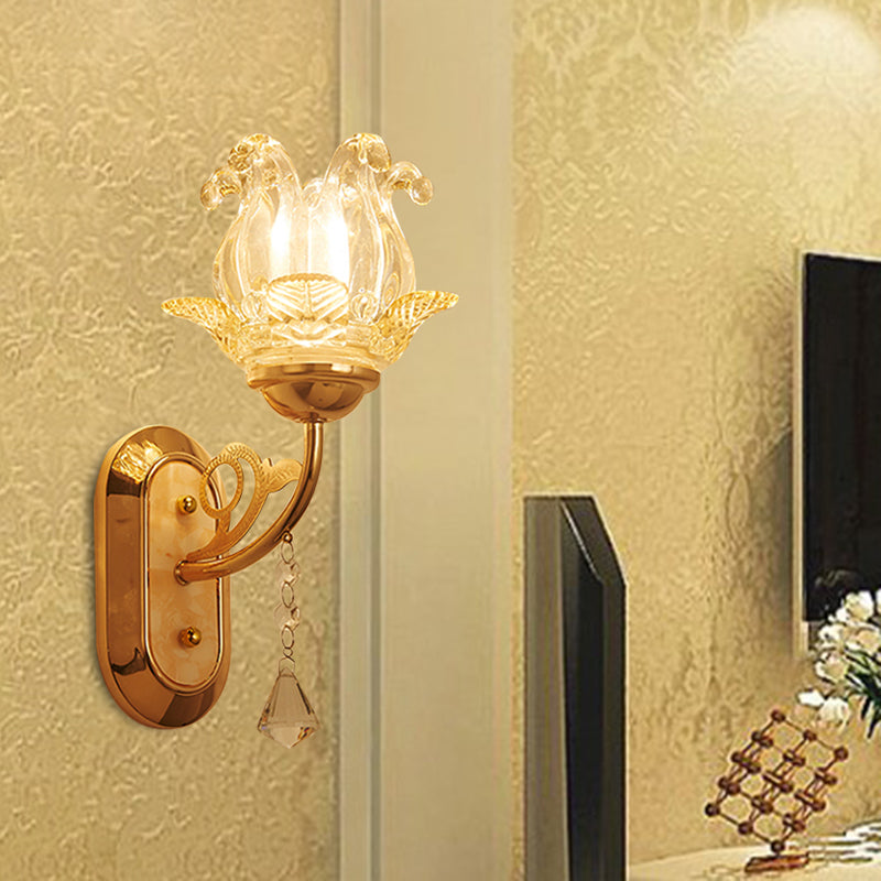 Lisslune | Simplicity Blossom Crystal Wall Lighting Fixture 1/2-Light Wall-Mounted Lamp in Gold with Curved Arm