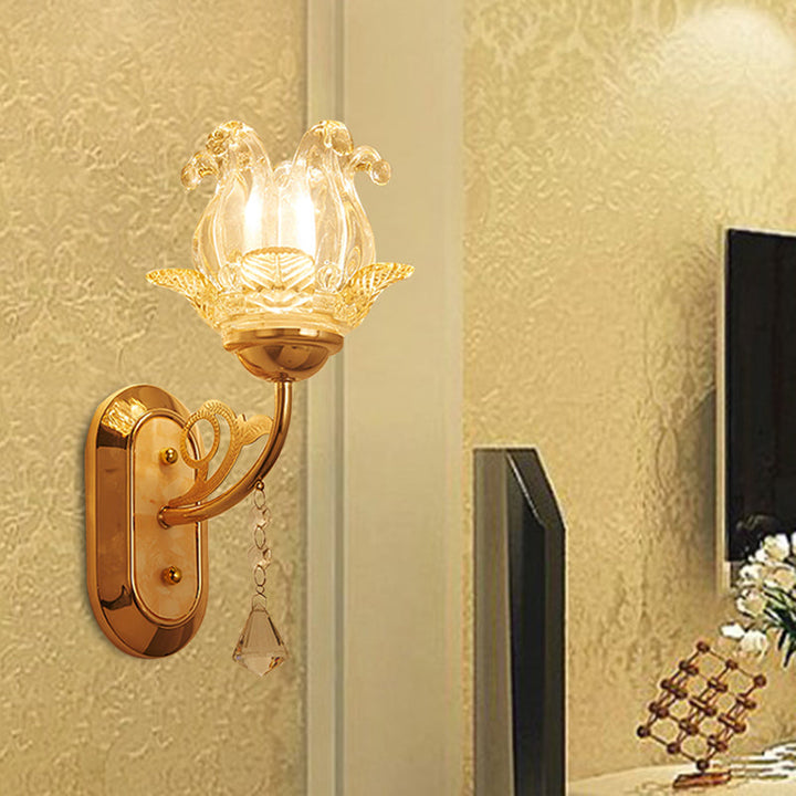 Lisslune | Simplicity Blossom Crystal Wall Lighting Fixture 1/2-Light Wall-Mounted Lamp in Gold with Curved Arm