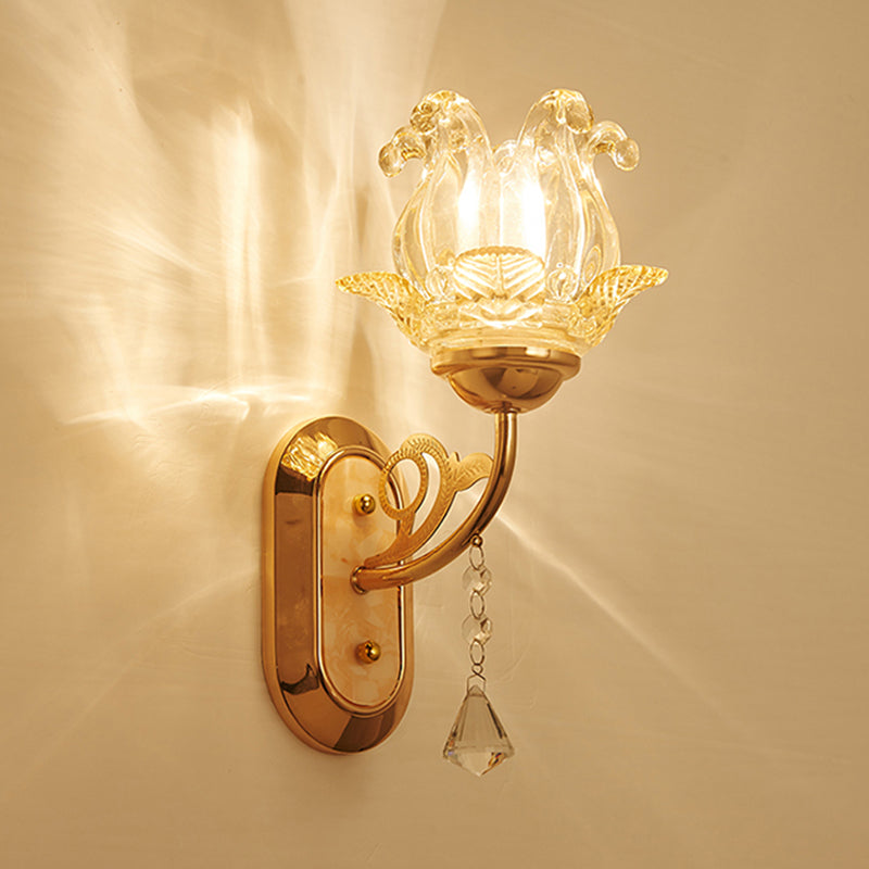 Lisslune | Simplicity Blossom Crystal Wall Lighting Fixture 1/2-Light Wall-Mounted Lamp in Gold with Curved Arm