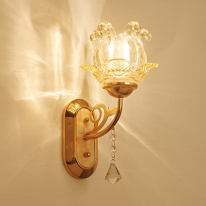 Lisslune | Simplicity Blossom Crystal Wall Lighting Fixture 1/2-Light Wall-Mounted Lamp in Gold with Curved Arm