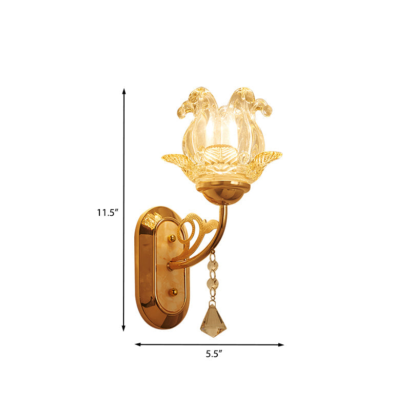 Lisslune | Simplicity Blossom Crystal Wall Lighting Fixture 1/2-Light Wall-Mounted Lamp in Gold with Curved Arm