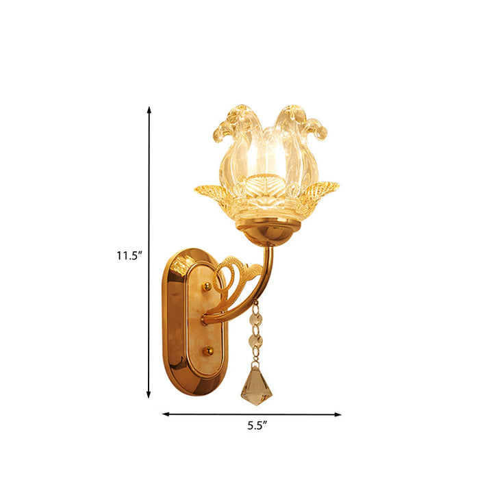 Lisslune | Simplicity Blossom Crystal Wall Lighting Fixture 1/2-Light Wall-Mounted Lamp in Gold with Curved Arm